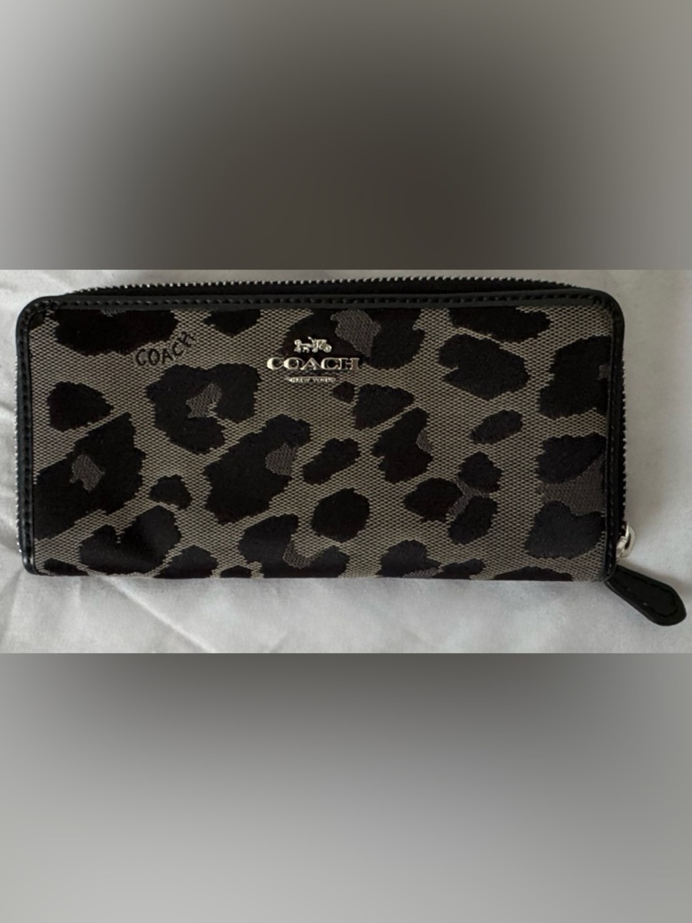 Coach Leopard-Print Zip Wallet in Black and Gray